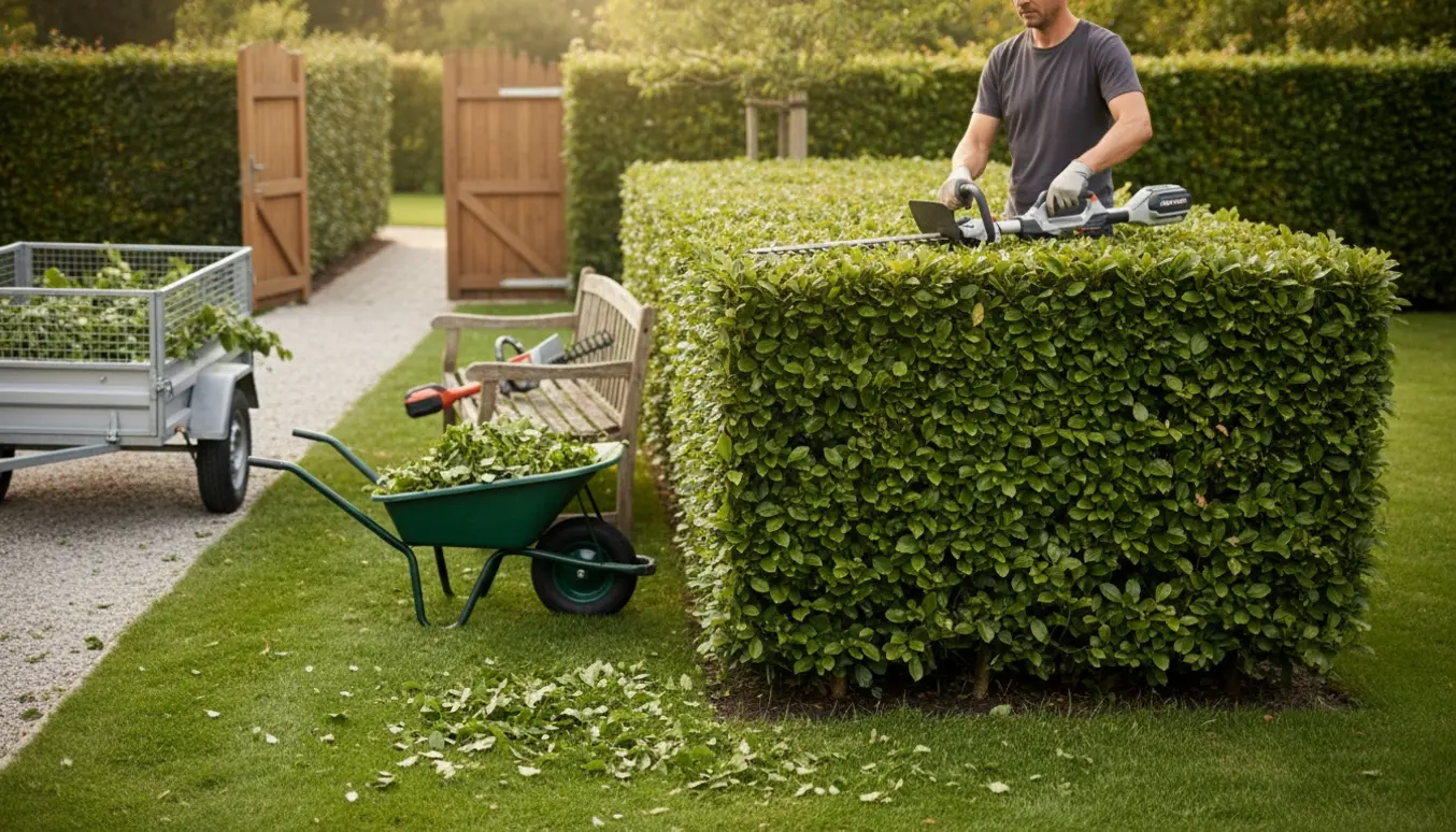 En person klipper en 2,3 m høj bøgehæk i en privat have med afklip samlet i en trailer.
