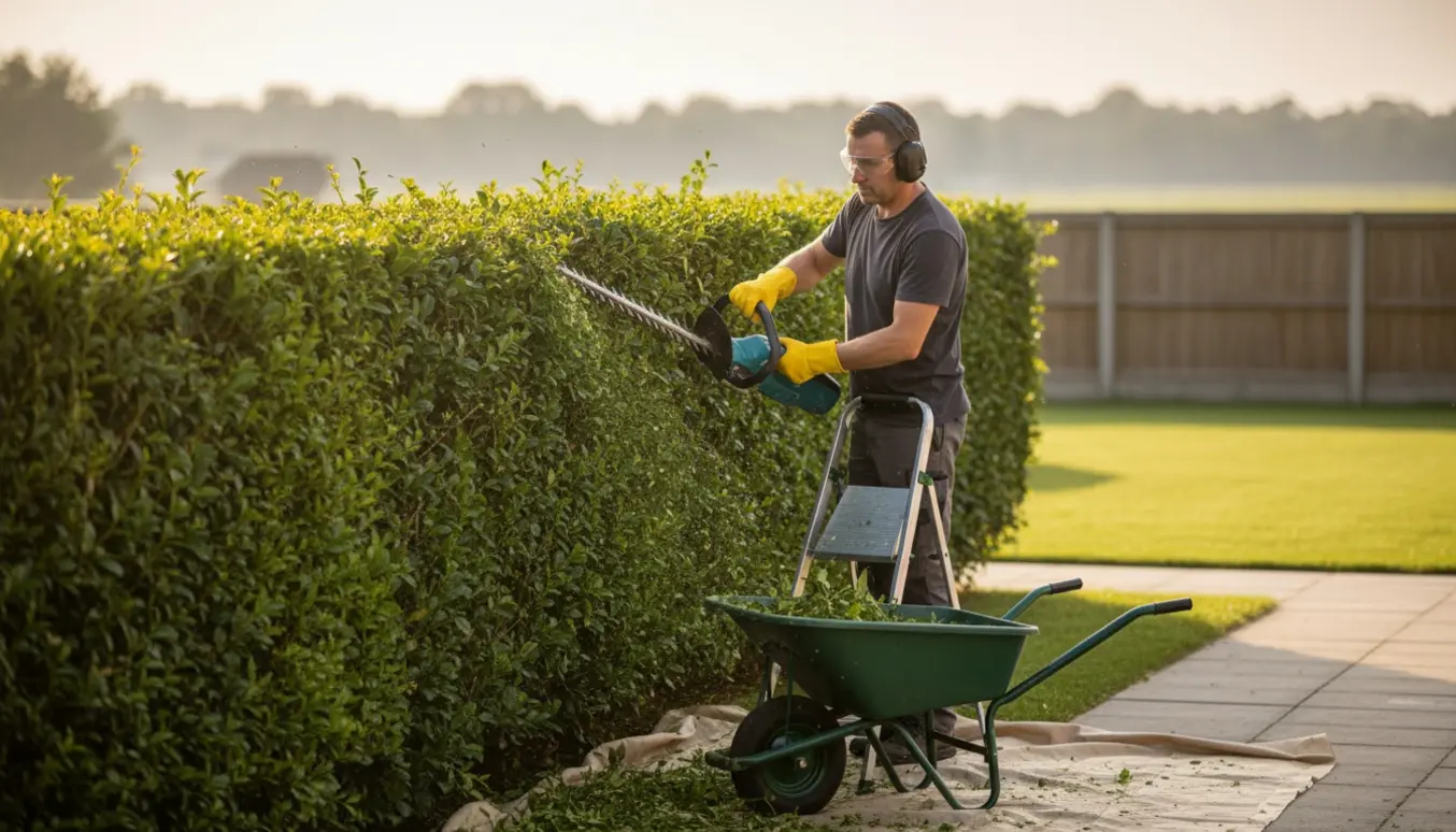 Person på en stige klipper en 2–2,5 m høj, veltrimmet hæk med en langhånds hækkeklipper i en solrig have.