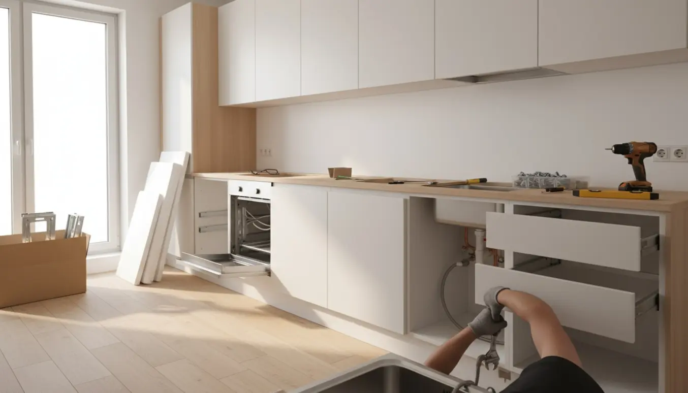 Nyopsatte køkkenskabe under montering med værktøj og en håndværker, der arbejder under vasken.