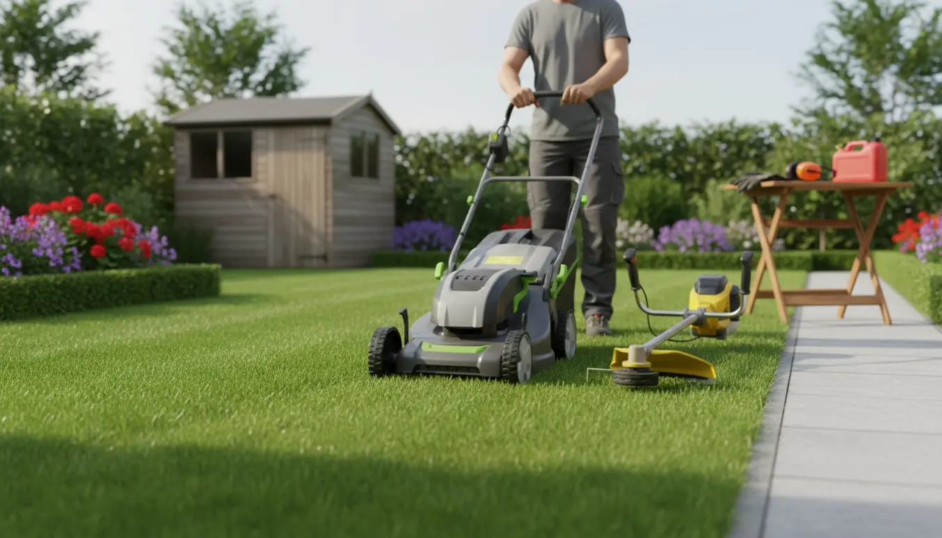 Flad have med nyslået græs, plæneklipper og kantklipper ved en nyklippet kant.