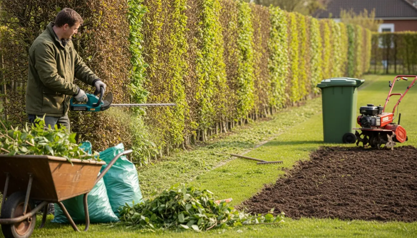Hækkeklipning af en ca. 50 m blandet hæk med trillebør og bunker af haveaffald i en ryddet forhave.