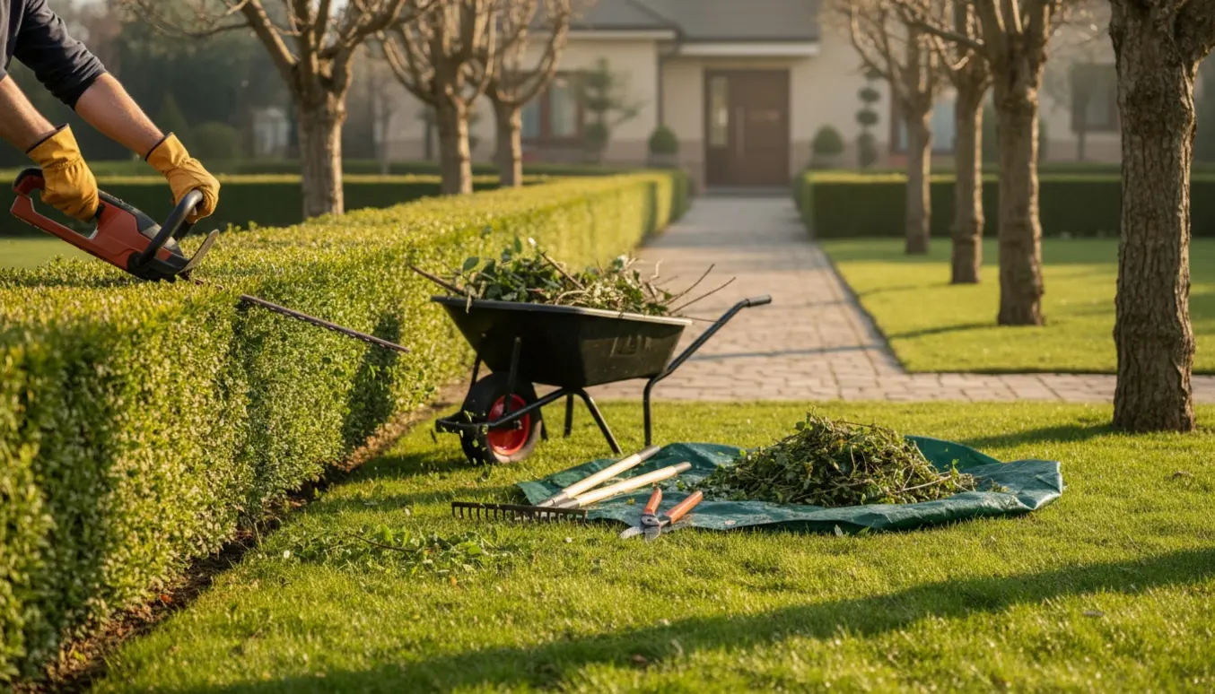 Nyklippet hæk med haveredskaber og en trillebør fyldt med grenklip efter beskæring.