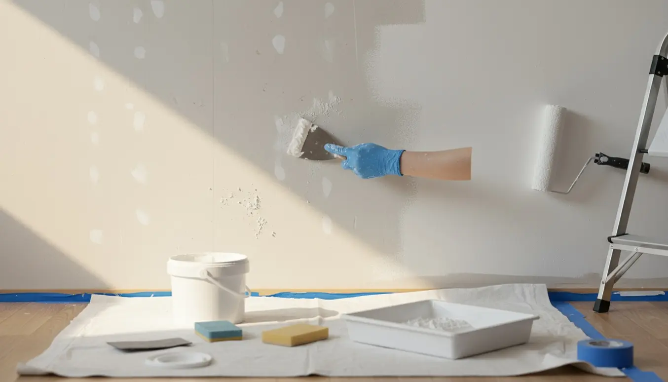 Nærbillede af spærring af små huller og maling af en væg med pensel og rulle i naturligt lys.