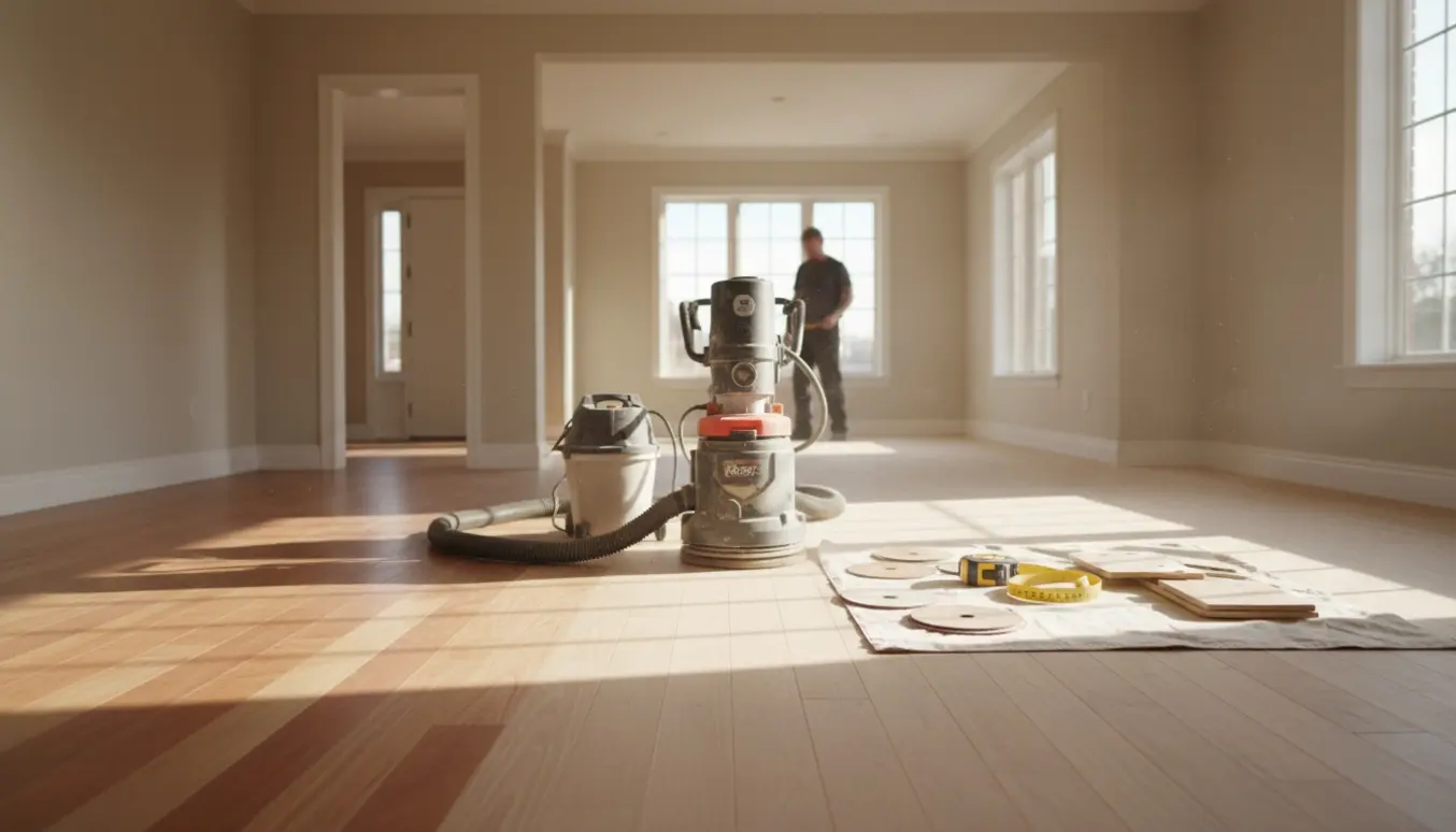 Halvslibet trægulv i en lys stue med slibemaskine og støvsuger ved entreen.