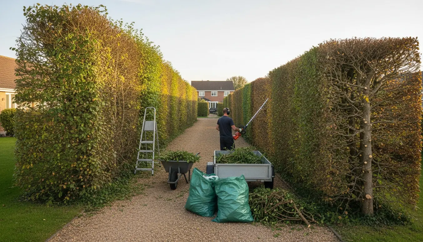 Professionel hækklipning af lange bøgehække med afklip samlet klar til bortskaffelse.