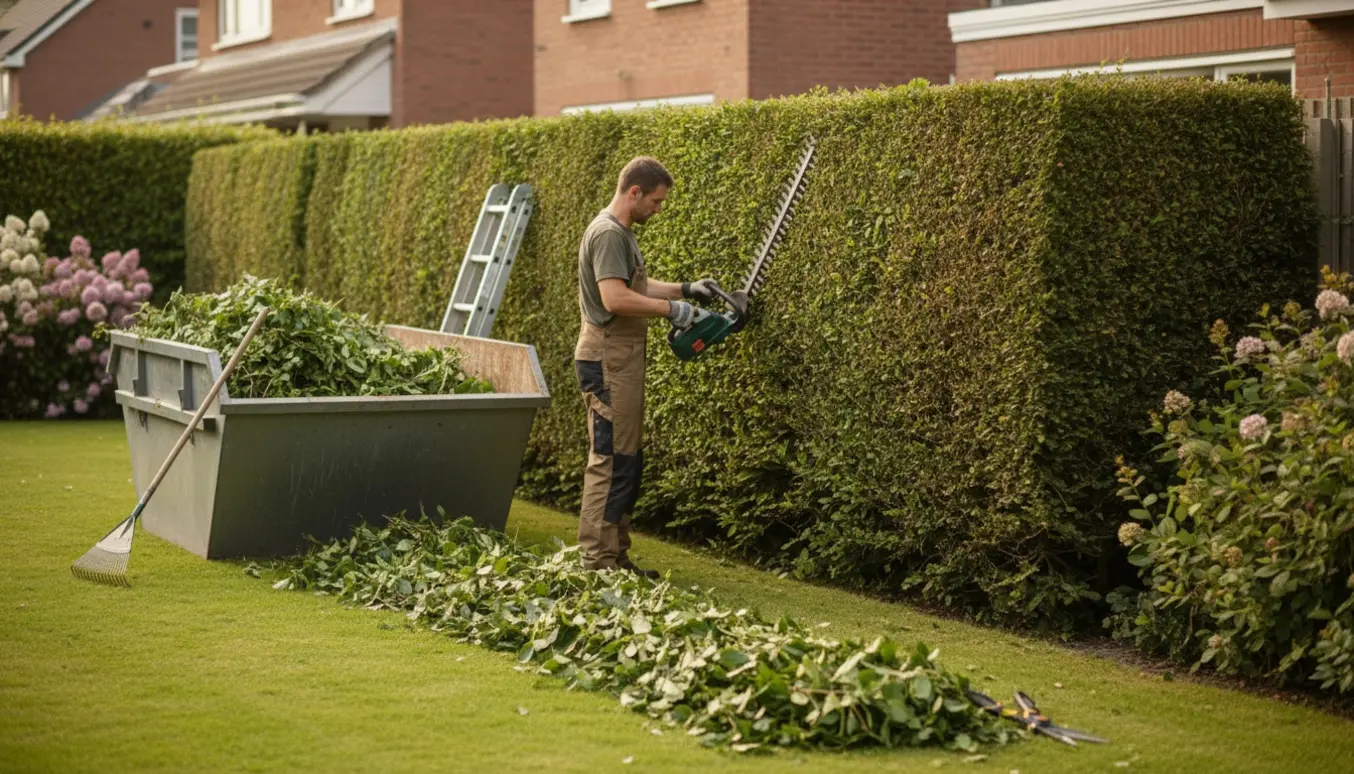 En person trimmer en lang hæk til cirka 180 cm og lægger afklippede grene i en container i haven.