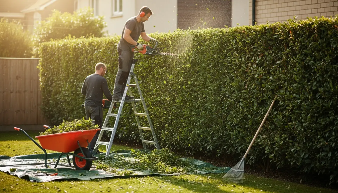 Lang hæk beskæres i siden og i toppen af to personer med hækkeklippere og en stige.