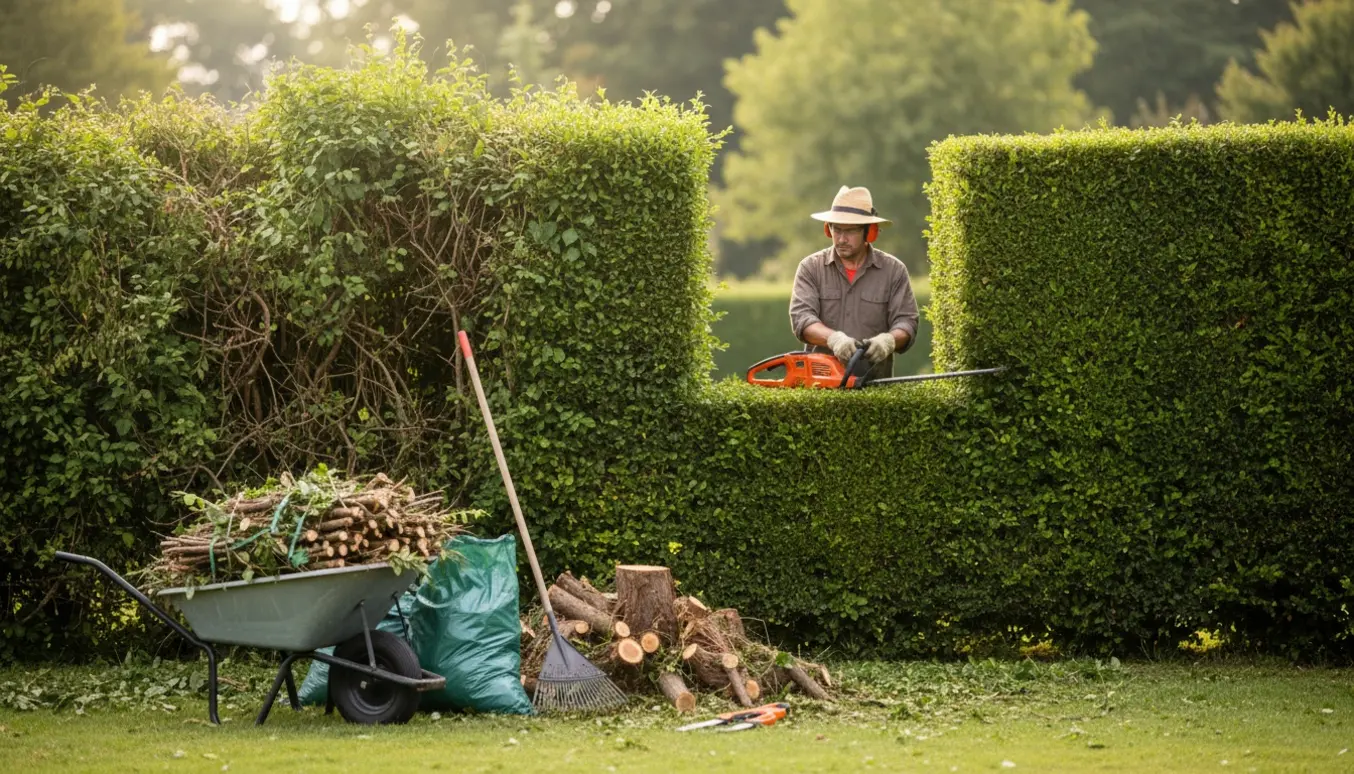 Nyklippet hæk på 1,8 m med afskårne grene stablet i trillebør og værktøj klar til bortskaffelse.