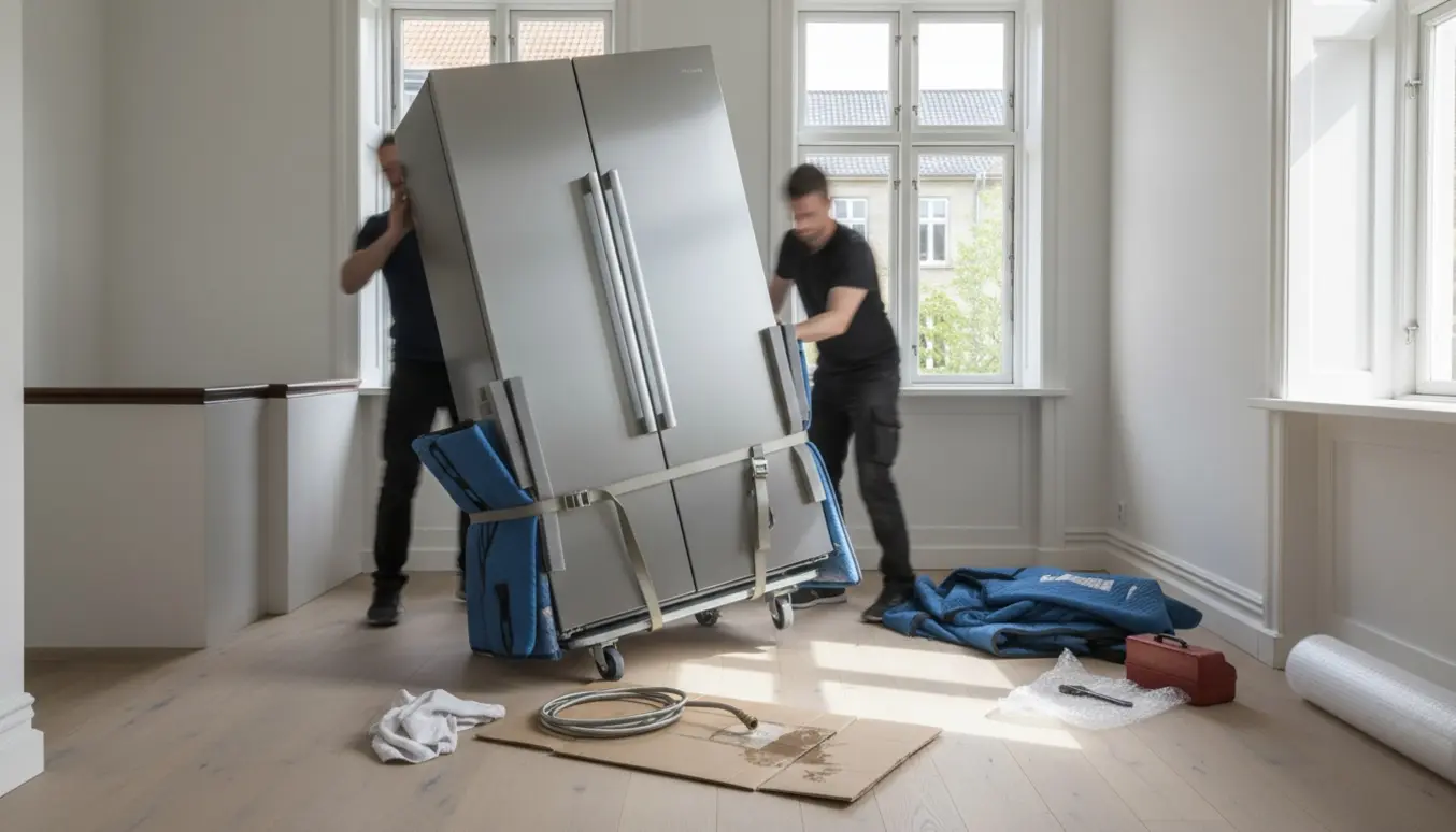 Flyttefolk fjerner et stort amerikanerkøleskab fra 4. sal på en lys trappeopgang med dolly, flyttetæpper og frakoblet vandtilslutning.