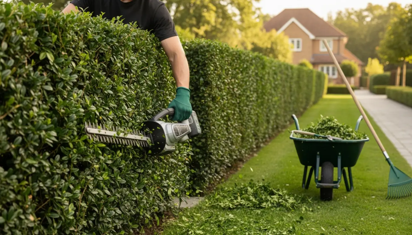 Ligusterhæk trimmes i sensommerlys med en elektrisk hækkeklipper og en trillebør fyldt med afklip.