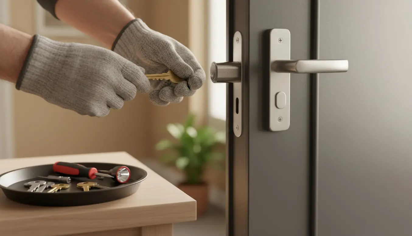 Låsesmed inspicerer en låsecylinder og nøgler på et arbejdsbord ved en boligdør.