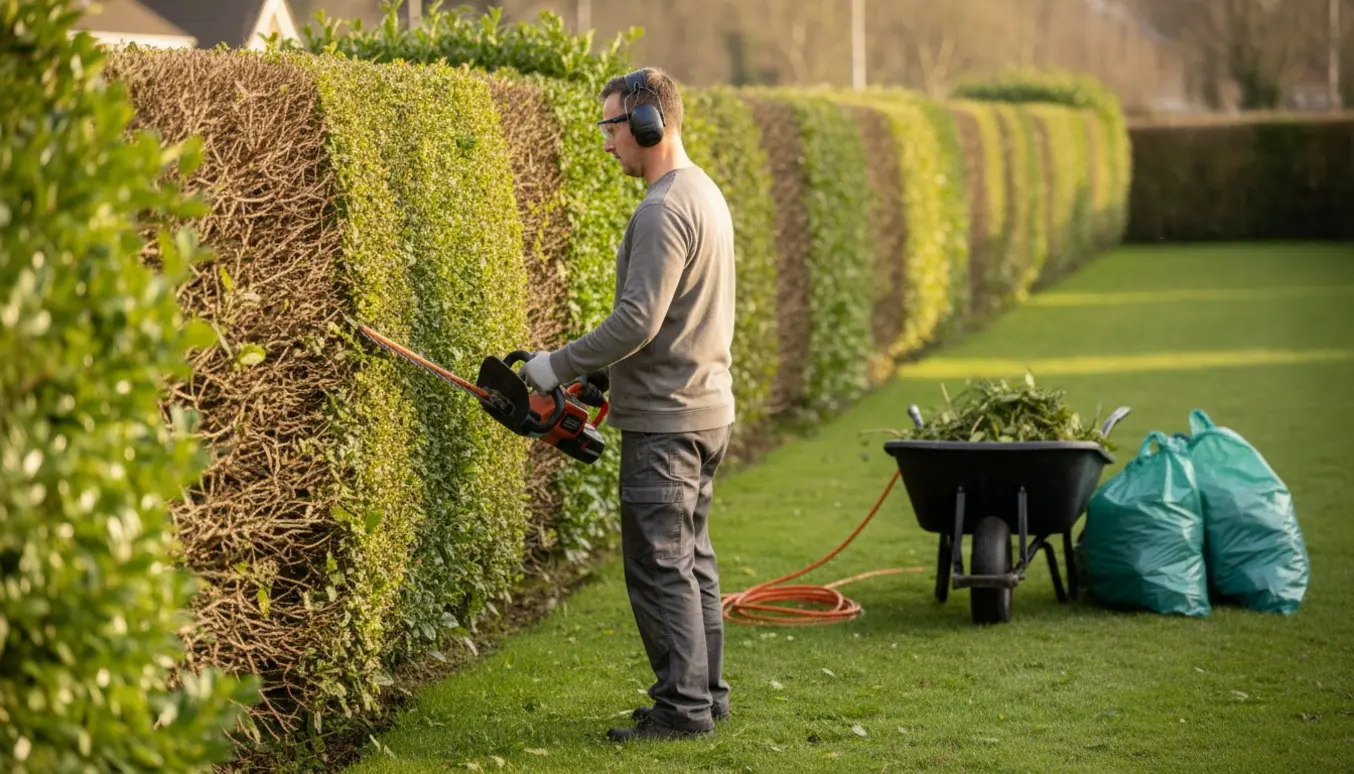 En person klipper en lang hæk med en hækklipper, mens afklip samles i sække ved en opsamlingsplads.