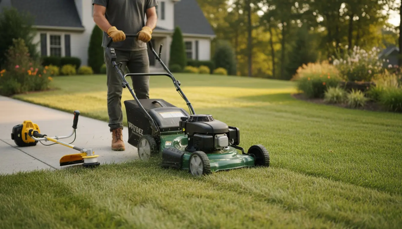 Plæneklipper klipper en villahave med en lille bakke og en kantklipper ved den smalle indkørsel.