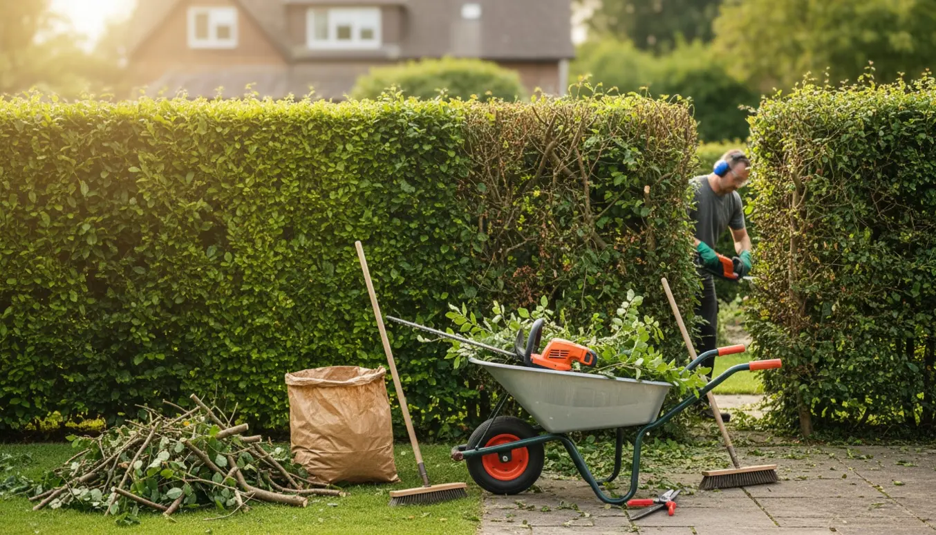 Bøgehæk klippes og ryddes op med værktøj og trillebør fyldt med afklippede grene.