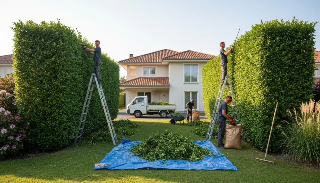 Privathække omkring en villa under klipning, med afklip samlet i sække og trillebør klar til bortskafning.