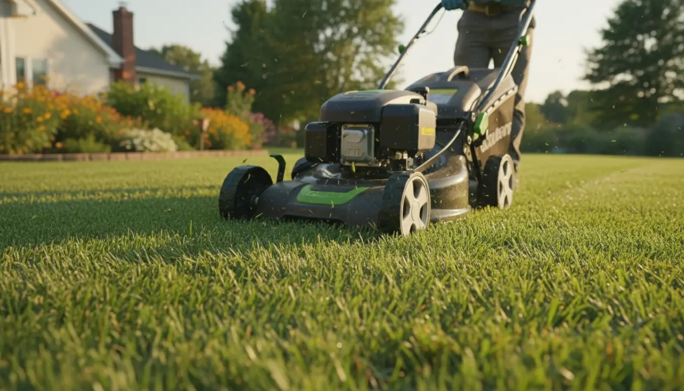 Plæneklipper i arbejde på en solbeskinnet græsplæne, der efterlader stribede mønstre.