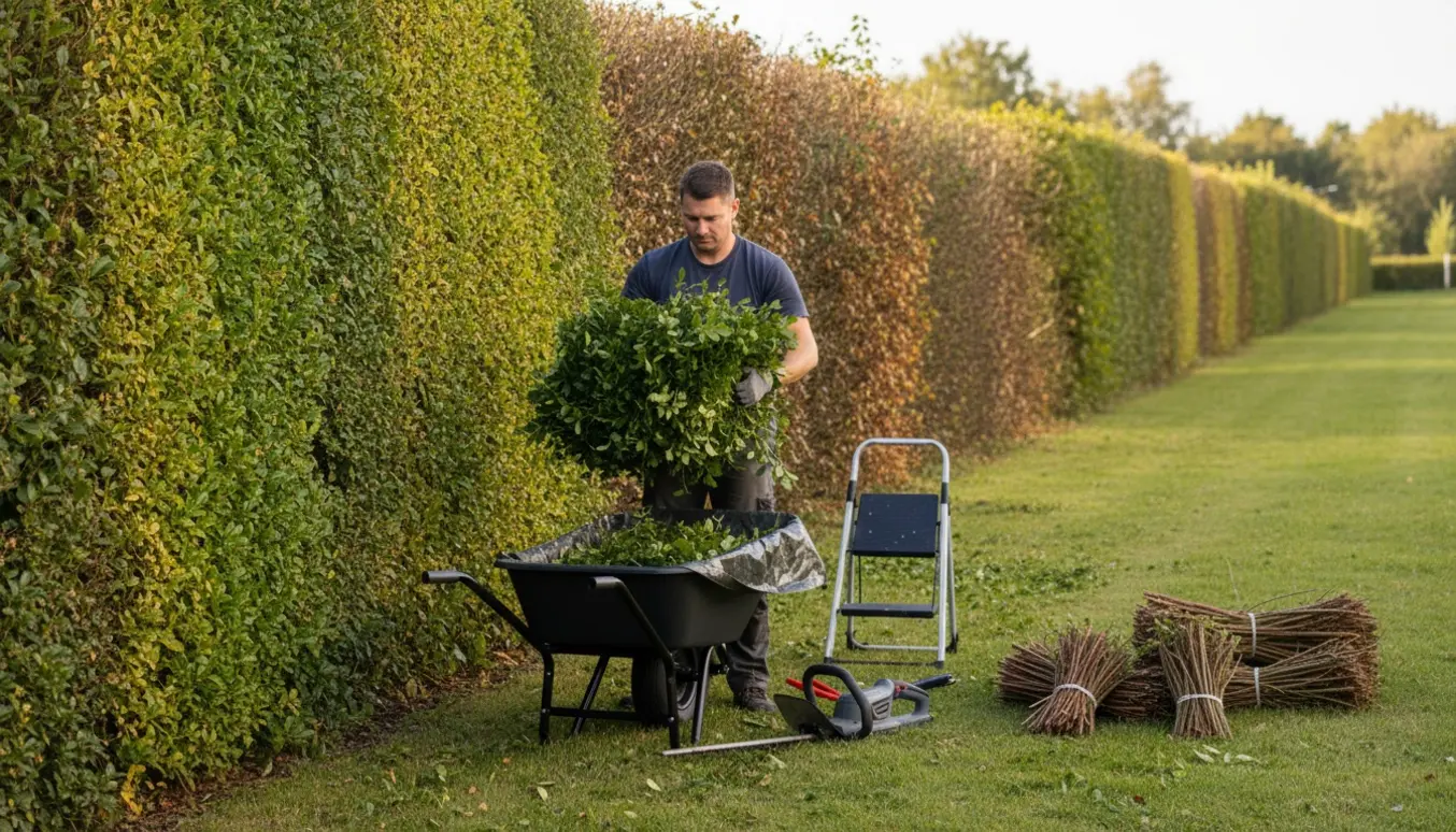Handsker og en trillebør fyldt med nyklippede hække foran en lang, nyslået hæk.