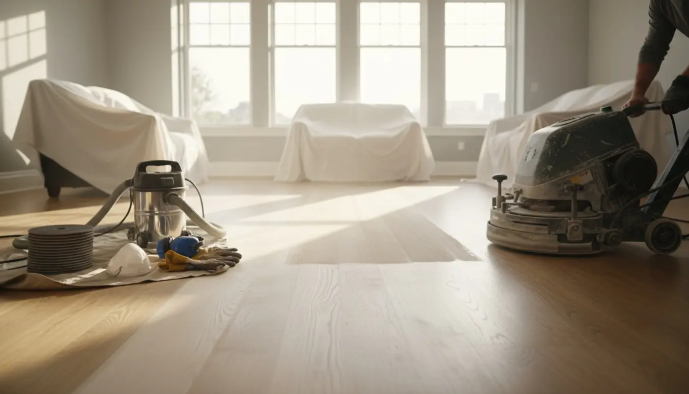 Solbelyst åbent rum med en gulvslibemaskine, en nyslebet bane i trægulvet og værktøj samt støvopsuger ved siden af.