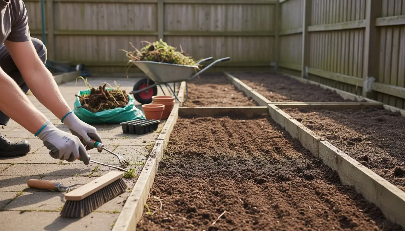 Hænder fjerner ukrudt mellem fliserne på en terrasse, med to nyligt rensede bede og haveredskaber ved siden af.