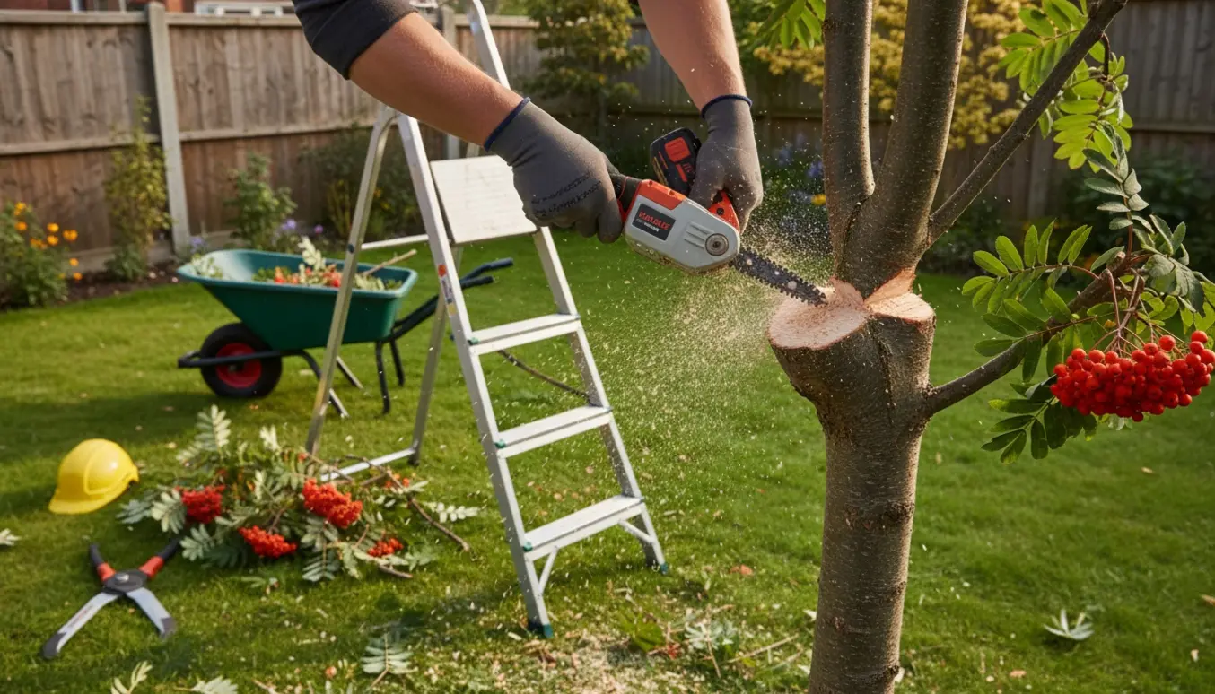 Et lille rønnebærtræ toppes i en have; en beskæringssav skærer gennem toppen, og afskårne grene med orange bær ligger på græsset.