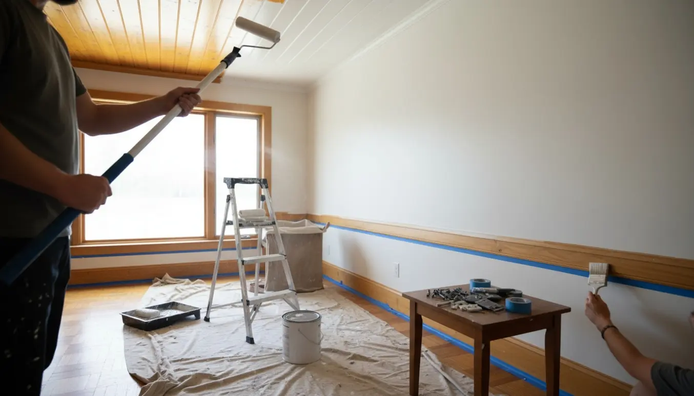Ryddeligt rum hvor træloft og lister males hvide med rulle og pensel, med stige og afdækning i forgrunden.
