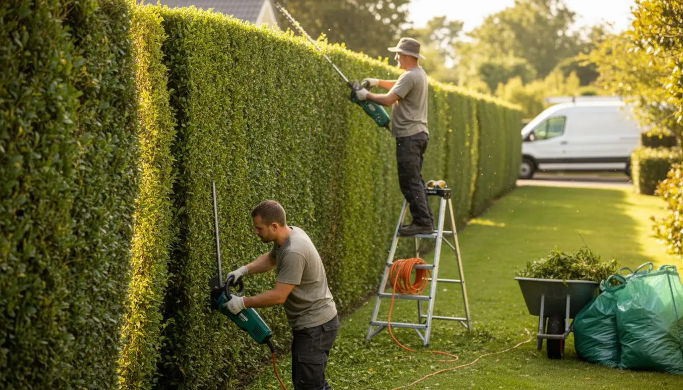 Lang grøn hæk klippes professionelt med hækkeklippere, vogn og affaldssække i haven.