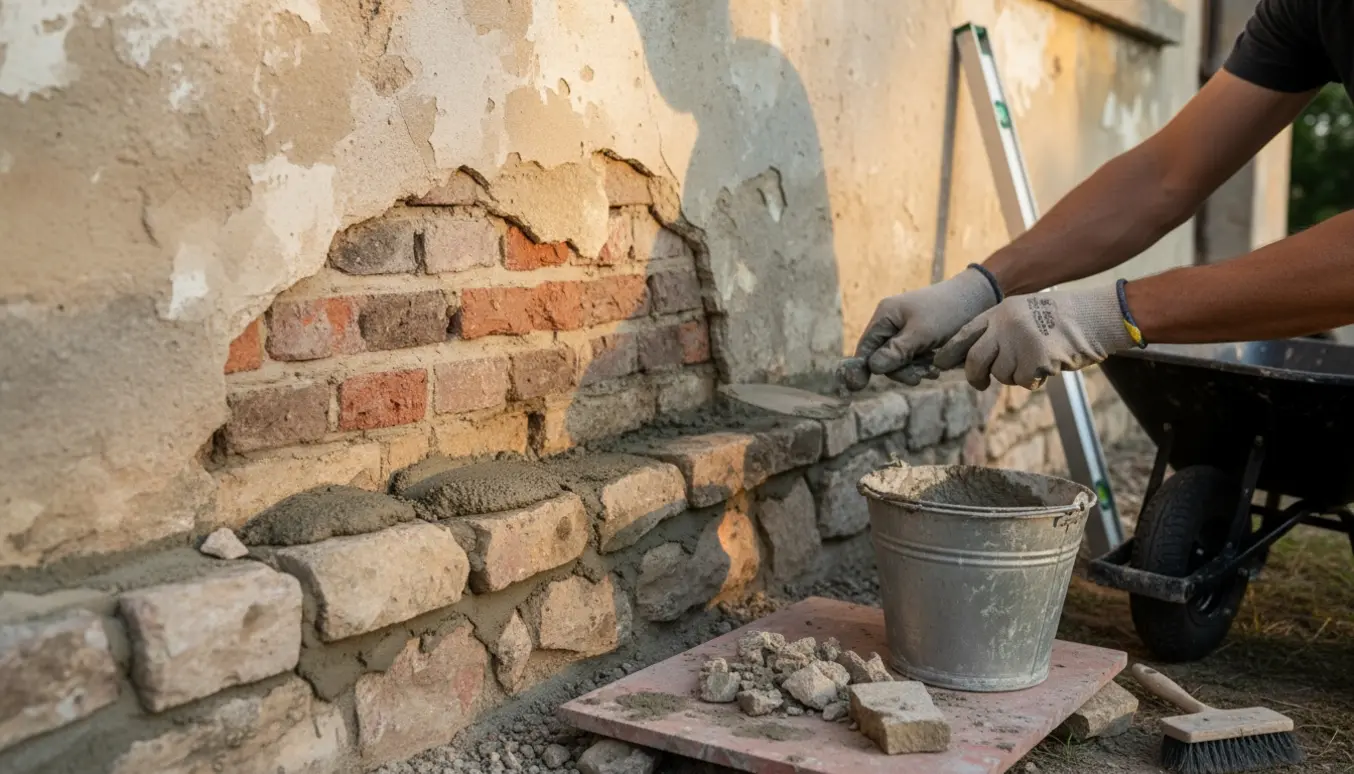 Hænder murer ny sokkel med mørtel ved en ældre bygning.