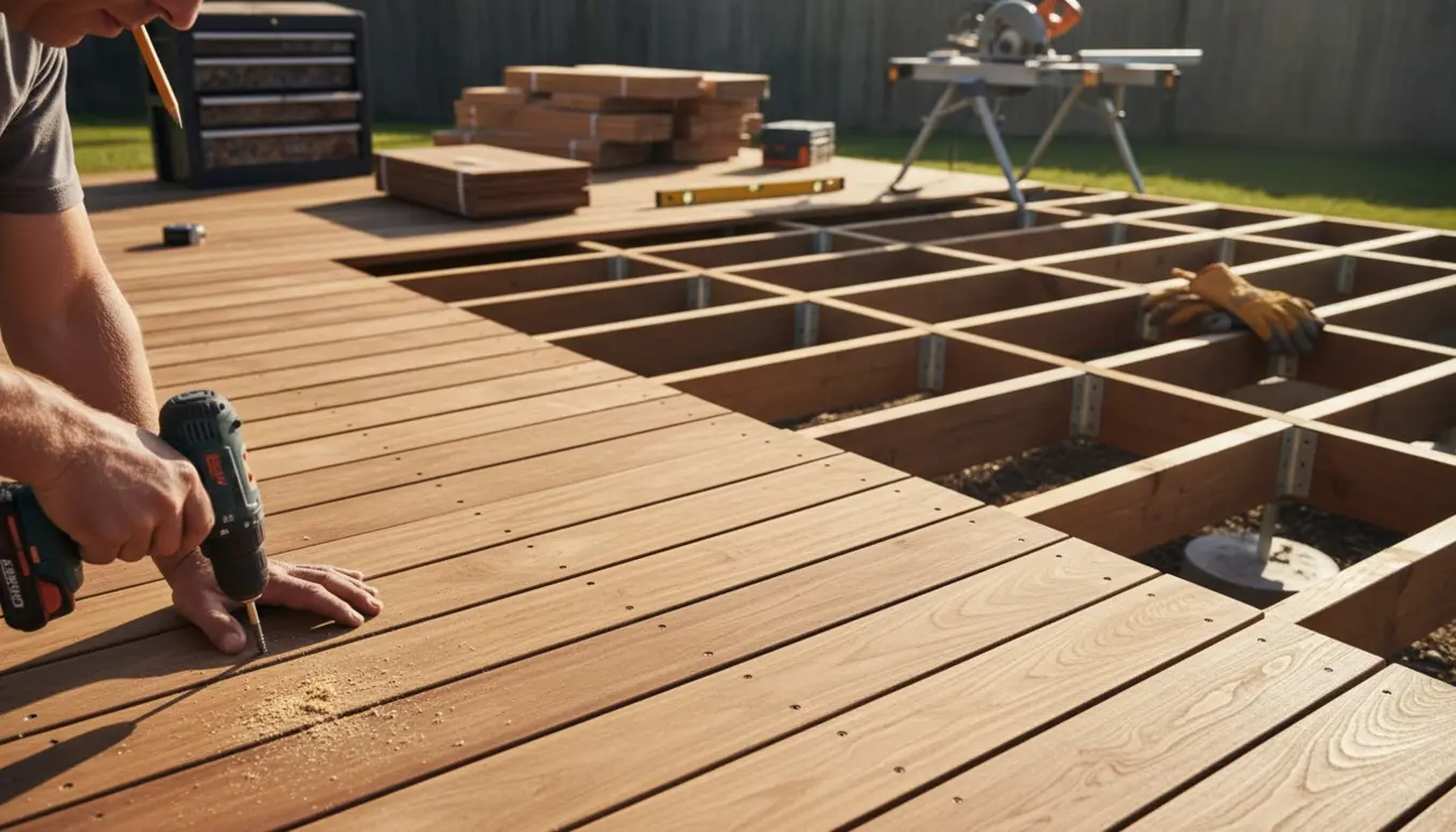Håndværkers hænder skruefastgør træplanker på en L-formet terrasse under opbygning, omgivet af værktøj og materialer.