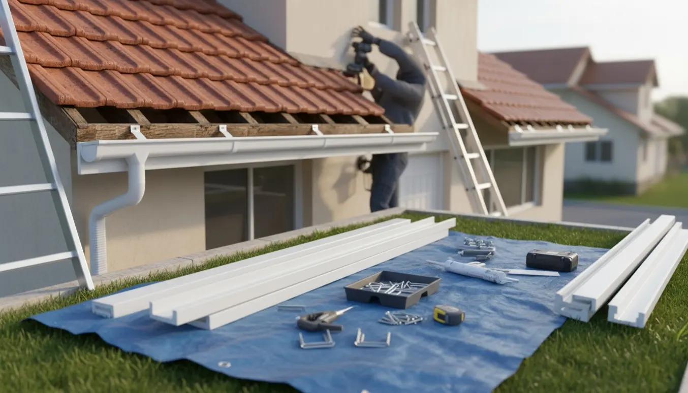 Håndværkeres hænder monterer en ny tagrende på et hus, med stiger og værktøj synligt på begge sider.
