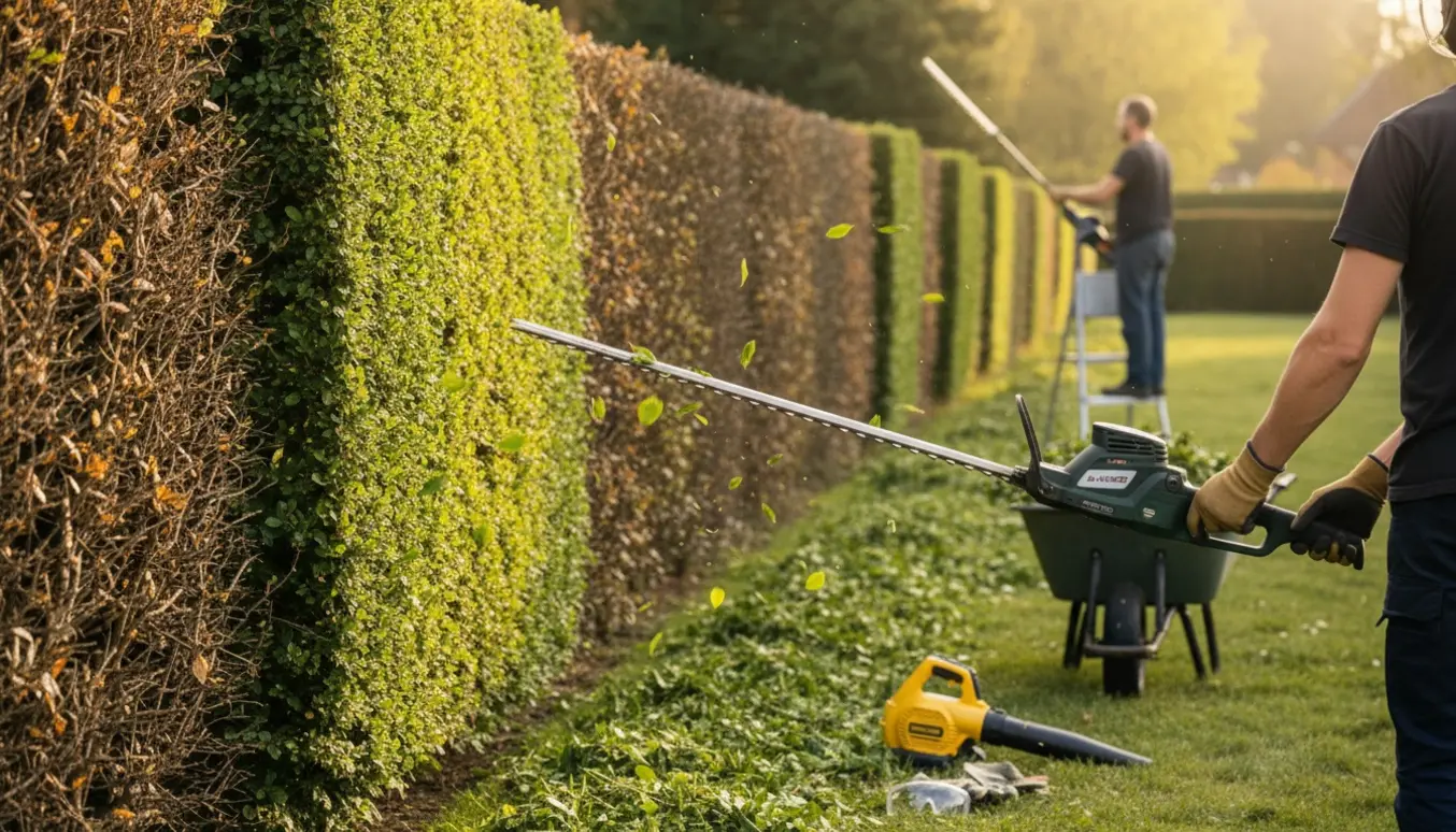 Lang, grøn hæk klippes fra siden og toppen med hækkeklipper og stige, afklip samlet i en trillebør.