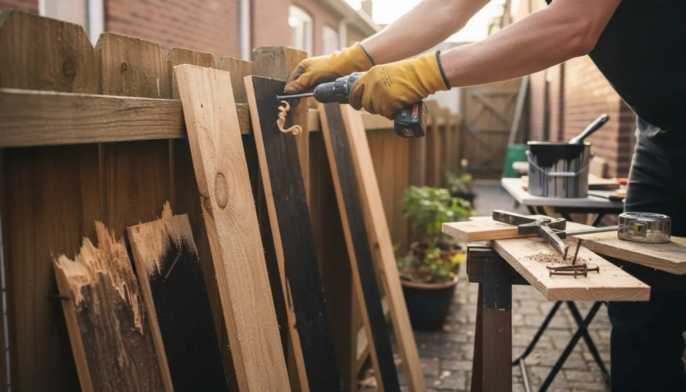 Hænder monterer nye hegnbrædder i en rækkehus-have, indersiden af brædderne er malet sorte.