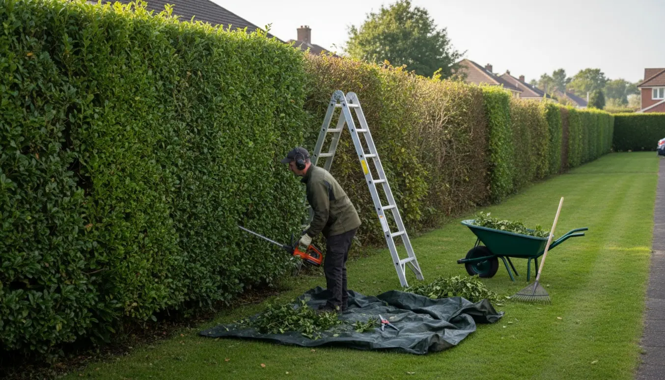 Lang hæk klippes fra en stige, med haveaffald samlet på presenning og i en trillebør.