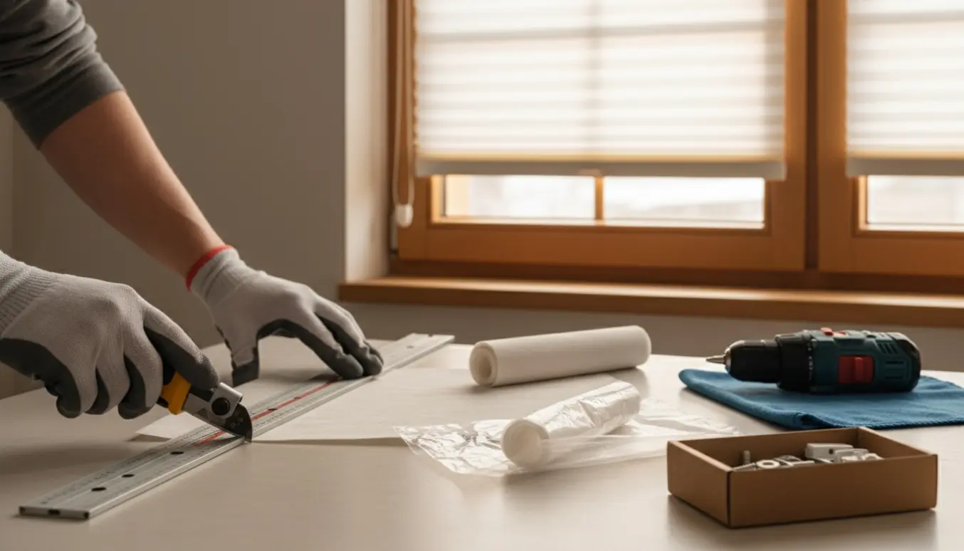 Nærbillede af hænder, der afkorter og monterer et nyt up-down gardin i en vinduesramme.