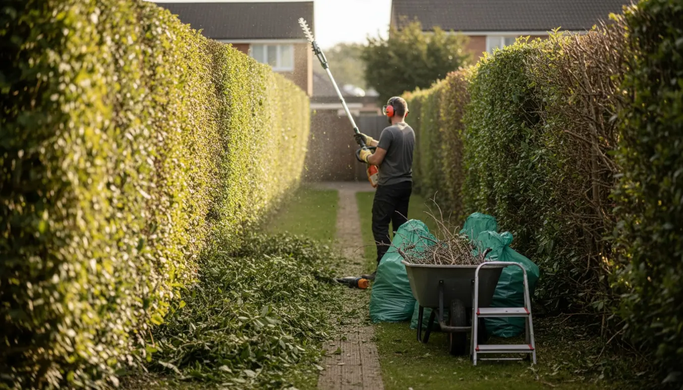 Lang hæk i have bliver klippet, friske afklip samles i trillebør klar til bortkørsel.