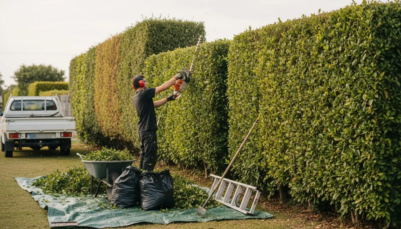 Lang hæk klippes ned fra cirka 3 m til 2 m med benzindrevet hækkeklipper og afklip samlet i sække.