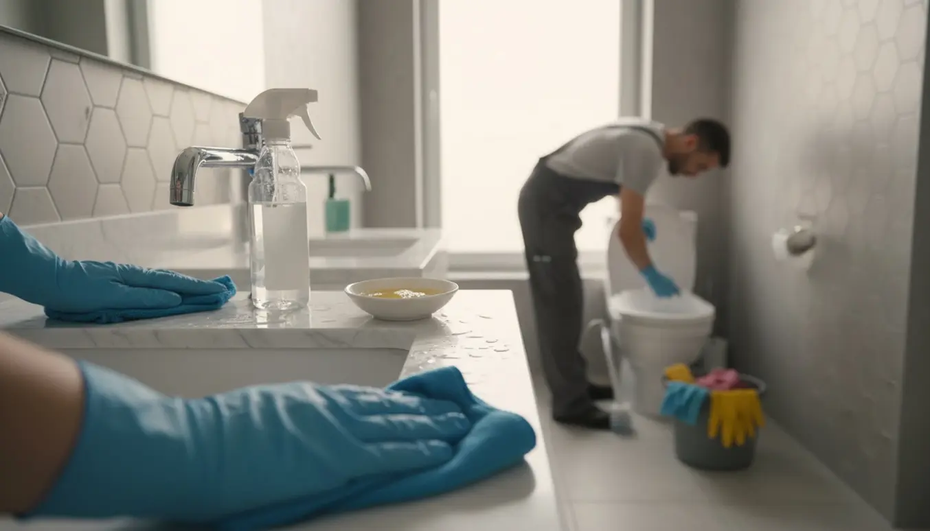 Hands-on rengøring og afkalkning af armaturer i et moderne badeværelse med gæstetoilet i baggrunden.