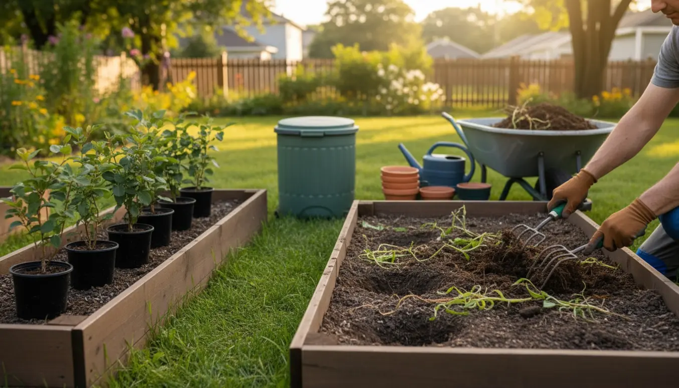 Hænder planter fem små bærbuske i et solrigt bed, mens ukrudt fjernes og affald samles i en beholder.