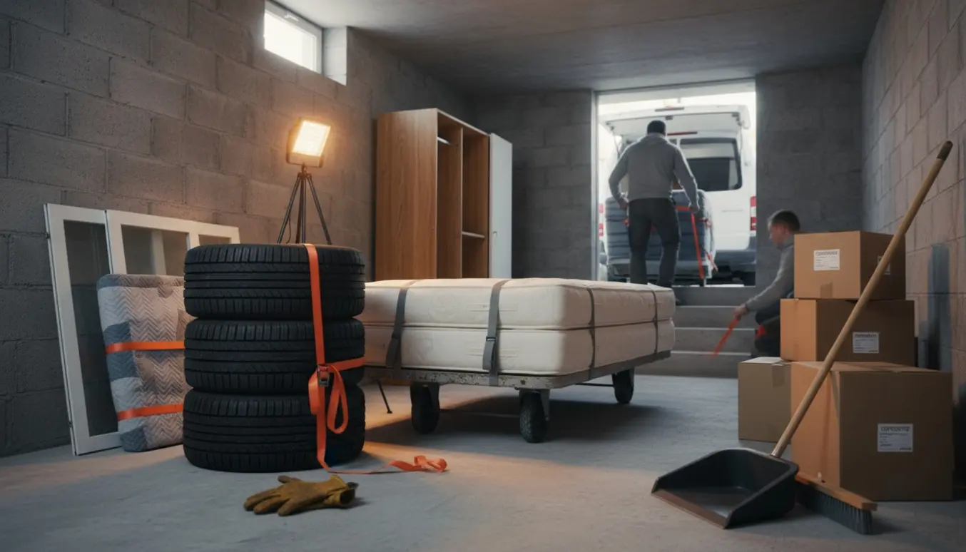 Kælder ryddes med seng, dæk og glasskabe pakket og klar til bortkørsel.