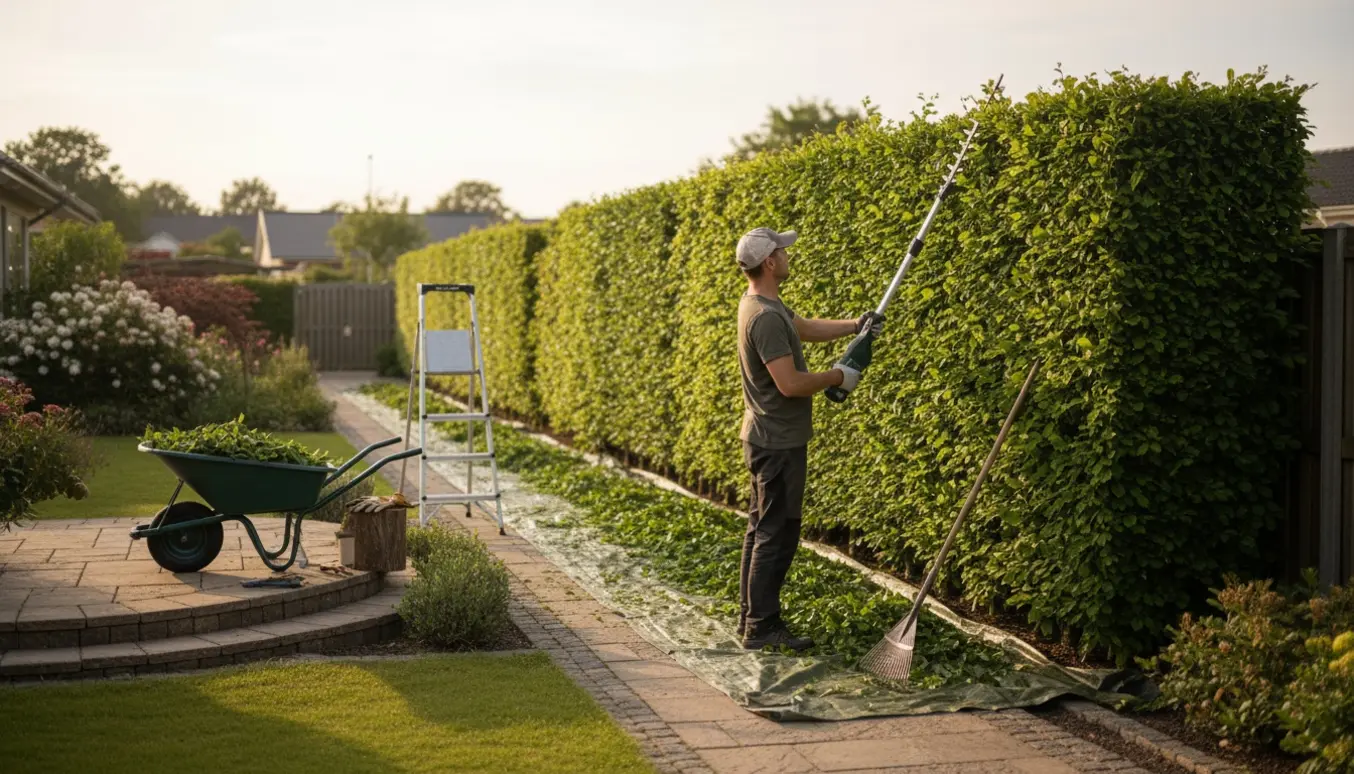 En person trimmer en høj bøgehæk med langt hækkeklipper i en solrig have, klippeafklip samlet i en trillebør.