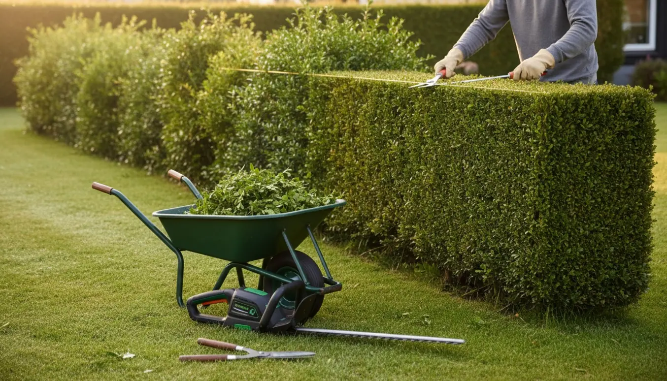 En hånd med beskærersaks retter kanten på en tæt hæk i en solbeskinnet forstadshave.