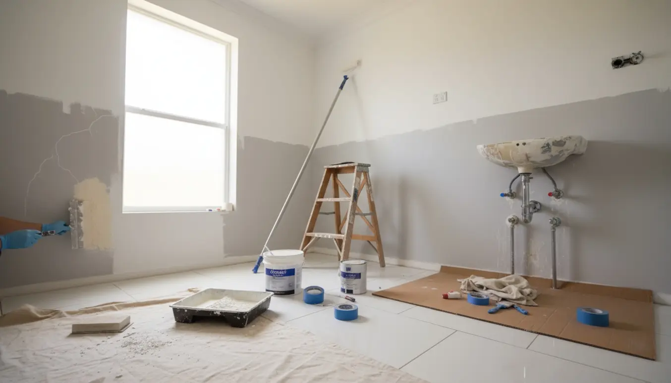 Badeværelse under renovering med loft og vægge delvist malet, værktøj og afmonteret vask ved siden af.