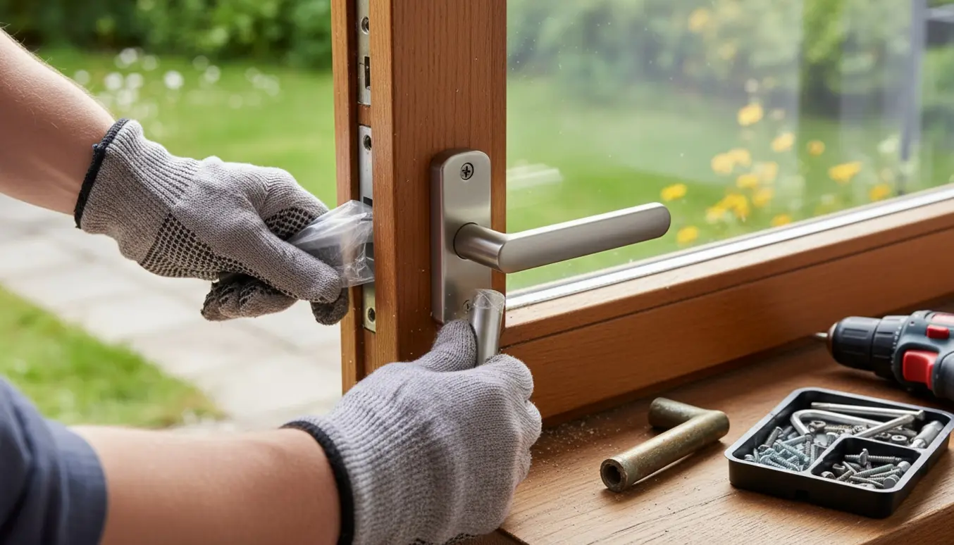 Nærbillede af udskiftning af terrassedørsgreb med handsker og værktøj i naturligt dagslys.