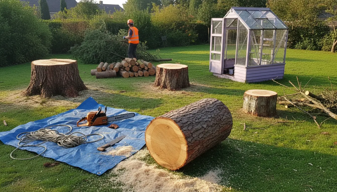 Haverum med tre nyligt fældede træstumper og stabler af skåret træ ved siden af et lille glasdrivhus.