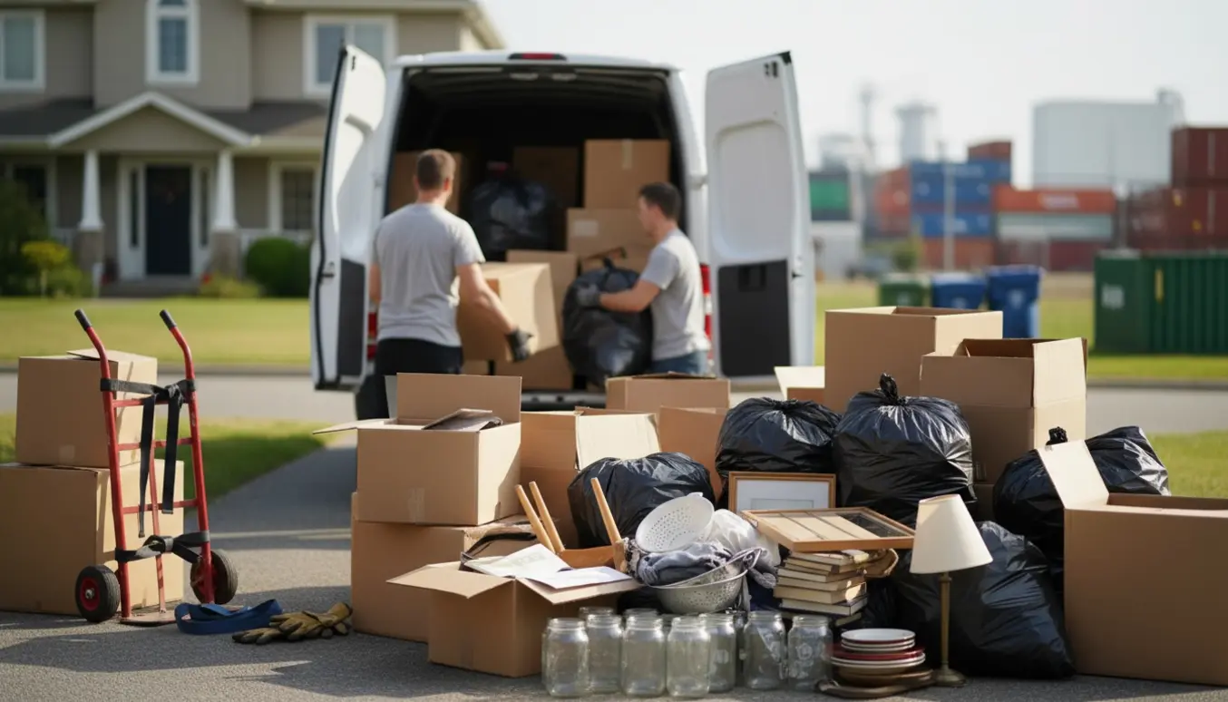 Flyttekasser, sække og blandet skrammel på indkørsel ved en varevogn klar til aflevering på genbrugspladsen.