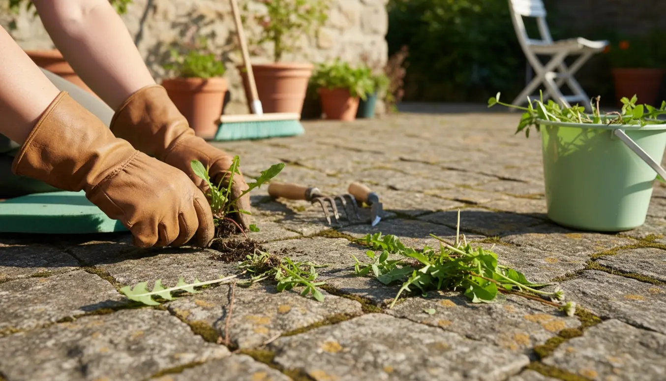 Hænder fjerner ukrudt mellem fliser på en solbeskinnet terrasse med redskaber og en spand ved siden af.