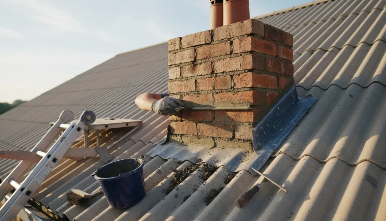 Nærbillede af en håndværkers hænder, der fuger en lille skorsten med mørtel på et étplans hus med eternittag.