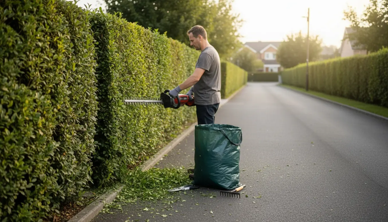 En person uden synligt ansigt klipper en 1,5–2 m høj hæk langs en indkørsel, mens afklip samles i en havepose.