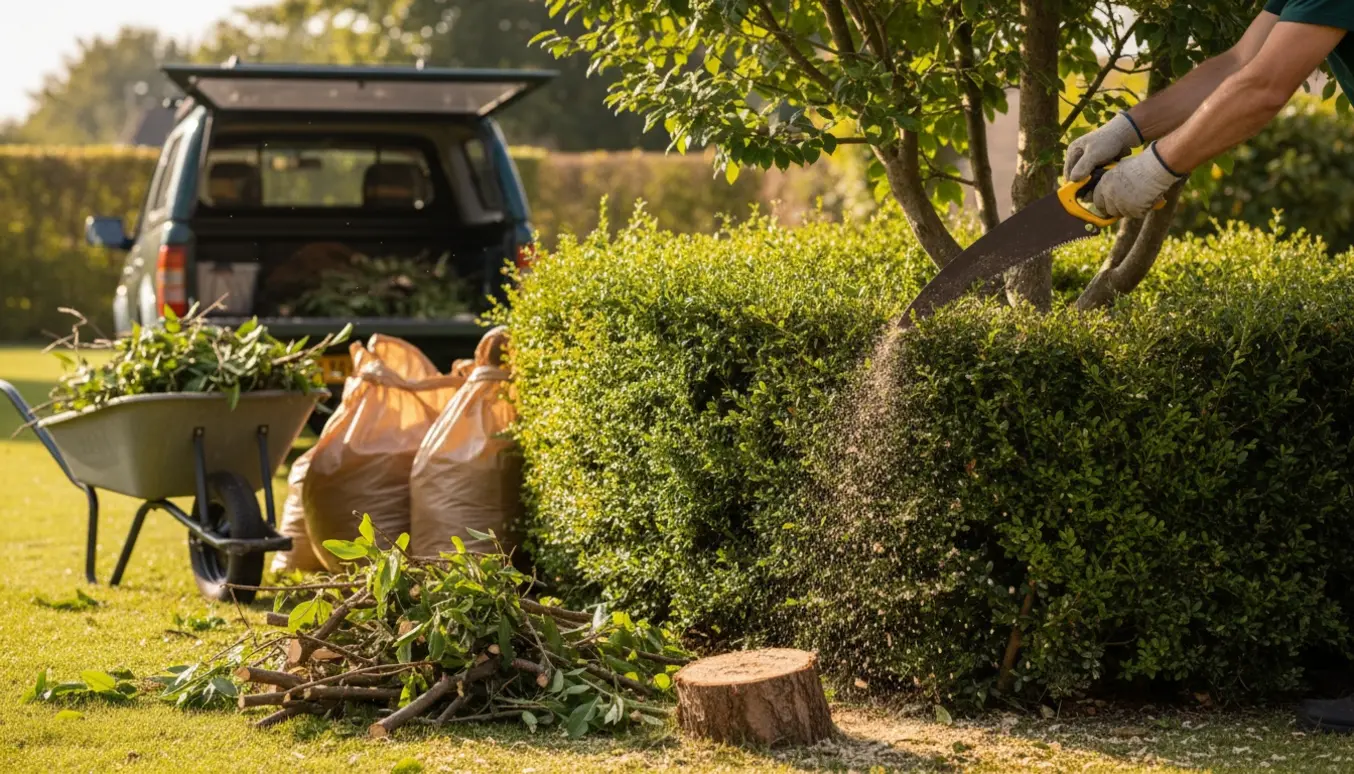 Beskæring af et lille træ i en hæk med grene i en trillebør klar til bortkørsel.