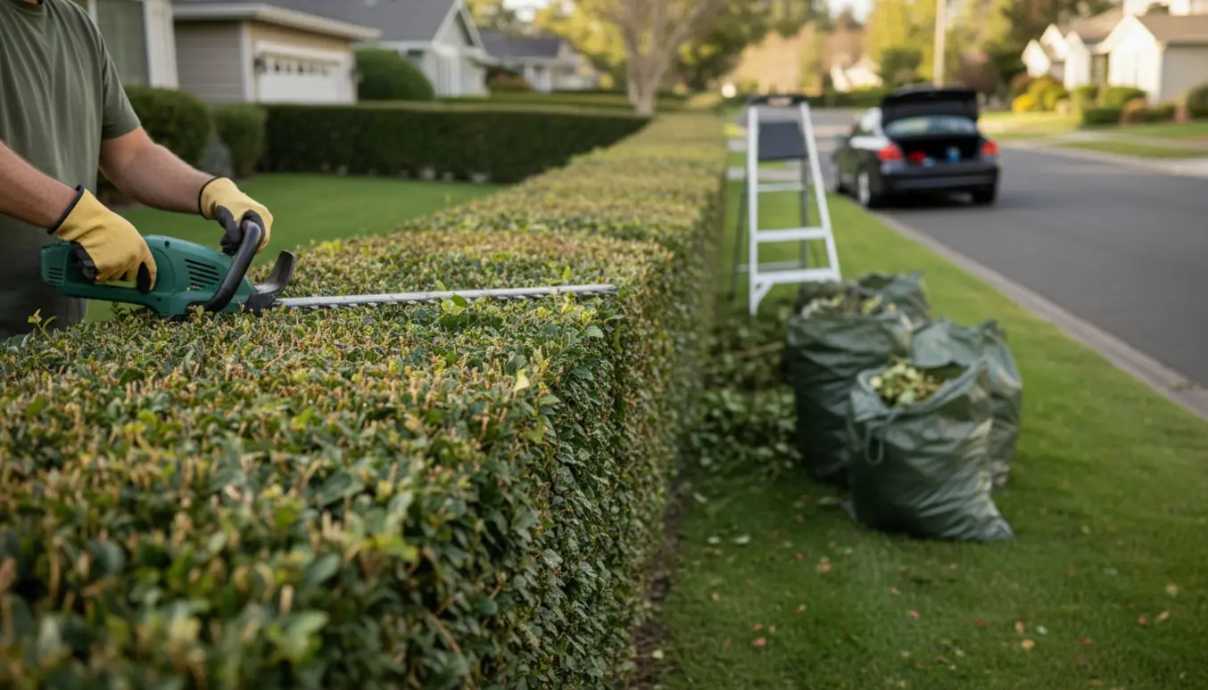 En person klipper en lang vedbend-hæk med hækkeklipper og stige, mens fyldte haveaffaldsposer står klar til afhentning.