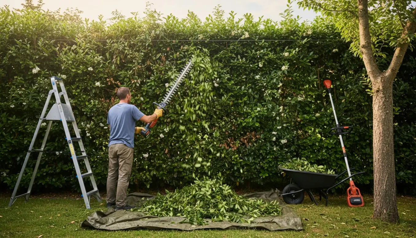 En håndværker trimmer en høj hæk til en ensartet højde med hækkeklipper, stige og opsamlet afklip.